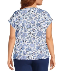 Investments Plus Size Vista Blue Sky Bloom Print Cap Sleeve Boat Neck Rory Knit Tee