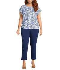 Investments Plus Size Vista Blue Sky Bloom Print Cap Sleeve Boat Neck Rory Knit Tee