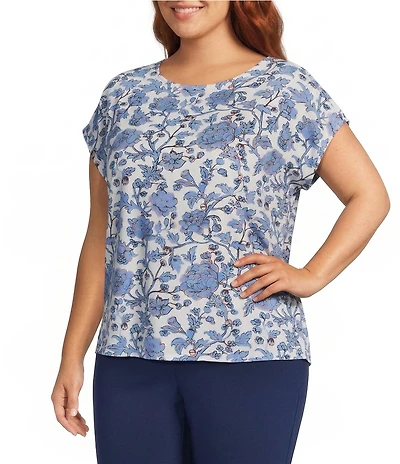 Investments Plus Size Vista Blue Sky Bloom Print Cap Sleeve Boat Neck Rory Knit Tee