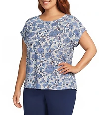 Investments Plus Size Vista Blue Sky Bloom Print Cap Sleeve Boat Neck Rory Knit Tee