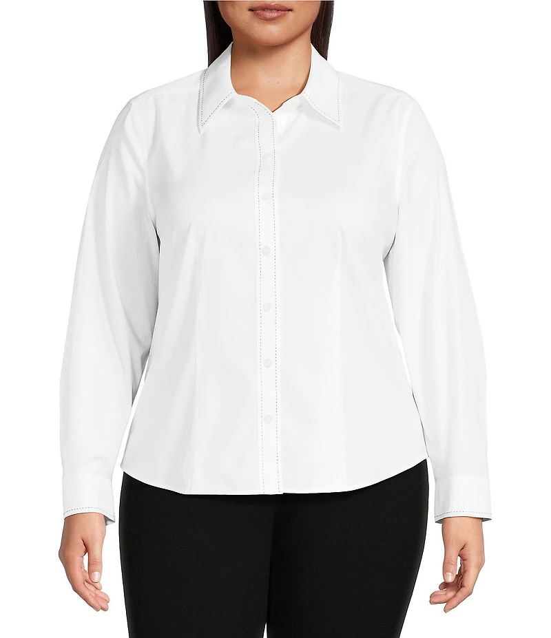 Investments Plus Size White Woven Long Sleeve Point Collar Button Front Top