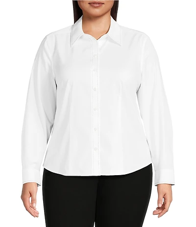 Investments Plus Size White Woven Long Sleeve Point Collar Button Front Top