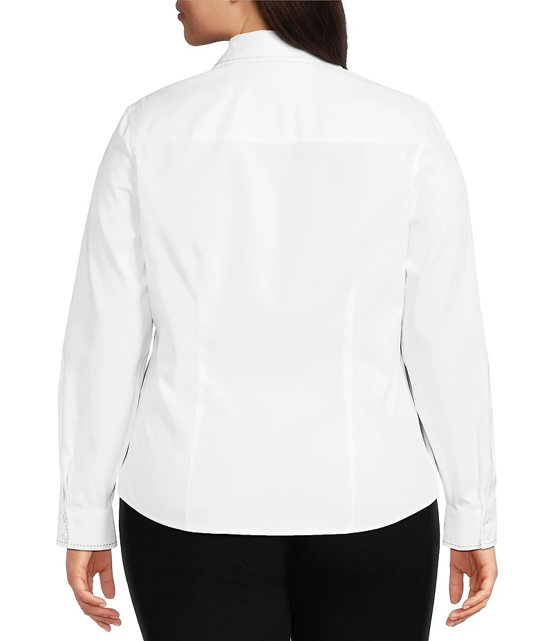 Investments Plus Size White Woven Long Sleeve Point Collar Button Front Top