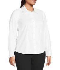 Investments Plus Size White Woven Long Sleeve Point Collar Button Front Top