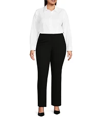 Investments Plus Size White Woven Long Sleeve Point Collar Button Front Top