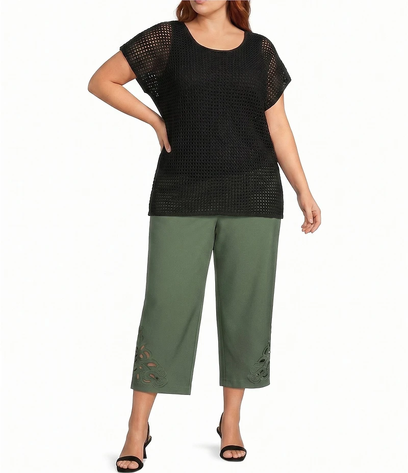 Investments Plus Size Wide Leg Embroidery Cut Out Crop Pants