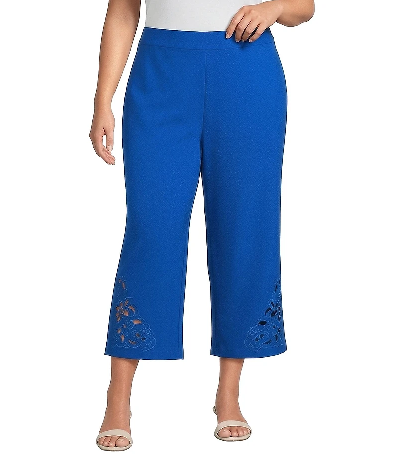 Investments Plus Size Wide Leg Embroidery Cut Out Crop Pants