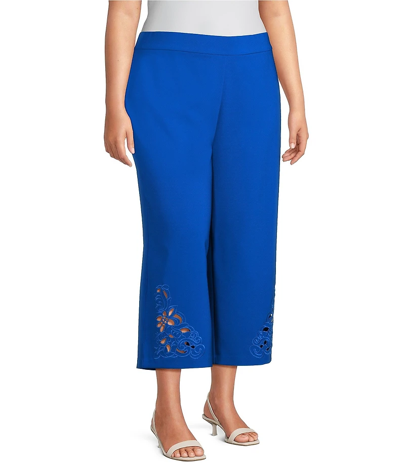 Investments Plus Size Wide Leg Embroidery Cut Out Crop Pants