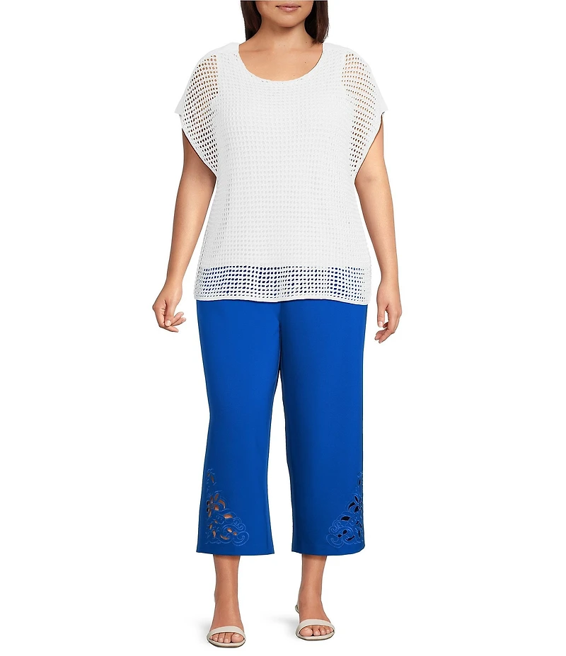 Investments Plus Size Wide Leg Embroidery Cut Out Crop Pants