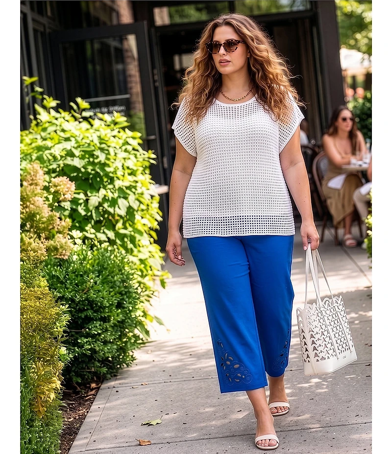 Investments Plus Size Wide Leg Embroidery Cut Out Crop Pants