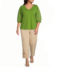 Investments Plus Size Wide Leg Embroidery Cut Out Crop Pants