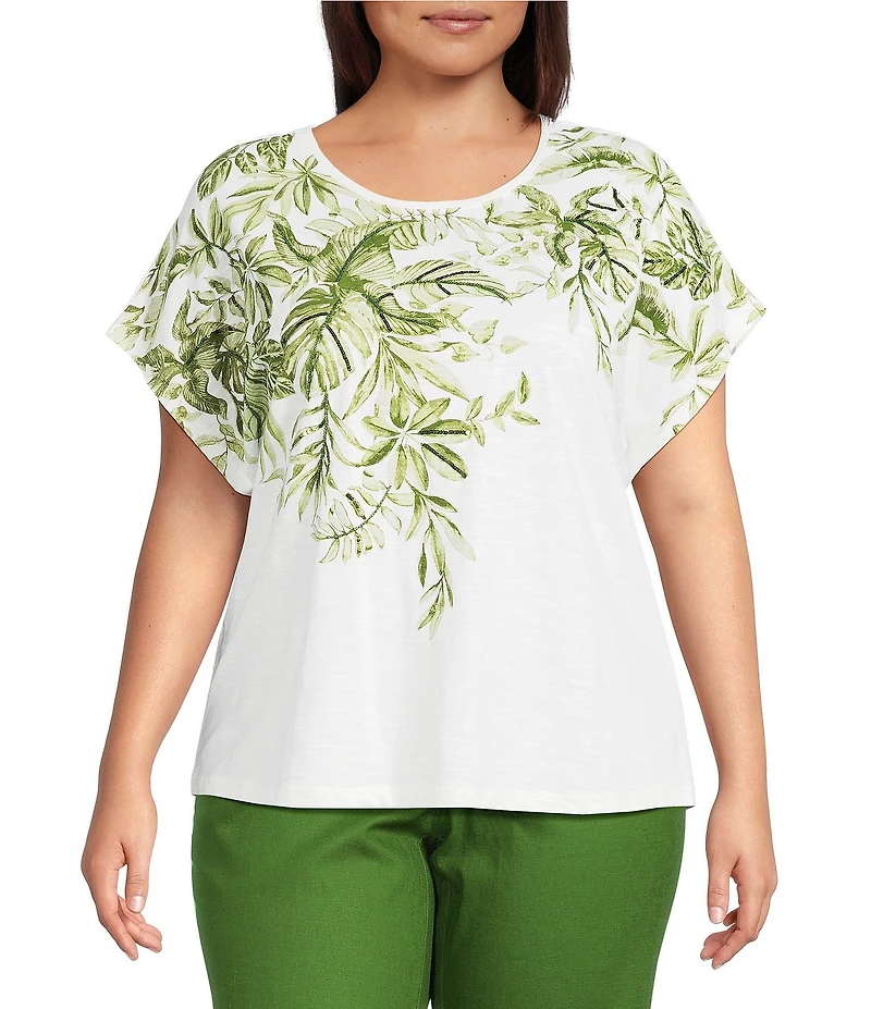 Investments Plus Size Wispy Leaf Short Sleeve Embellished Novelty Crew Neck Top