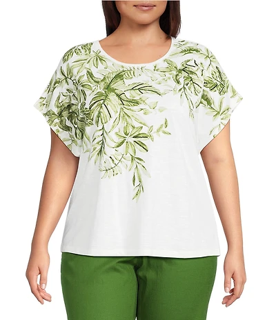 Investments Plus Size Wispy Leaf Short Sleeve Embellished Novelty Crew Neck Top