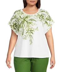 Investments Plus Size Wispy Leaf Short Sleeve Embellished Novelty Crew Neck Top