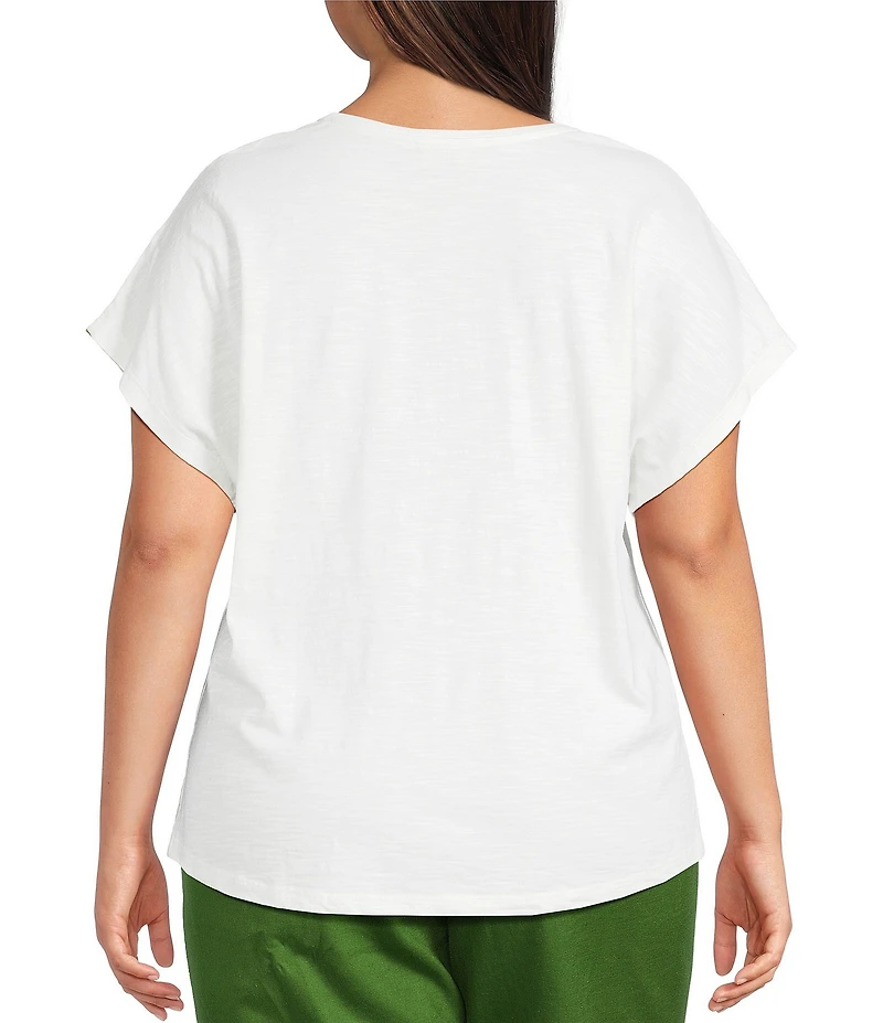 Investments Plus Size Wispy Leaf Short Sleeve Embellished Novelty Crew Neck Top