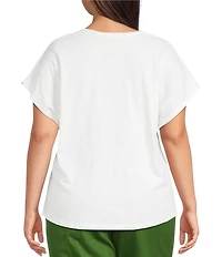 Investments Plus Size Wispy Leaf Short Sleeve Embellished Novelty Crew Neck Top