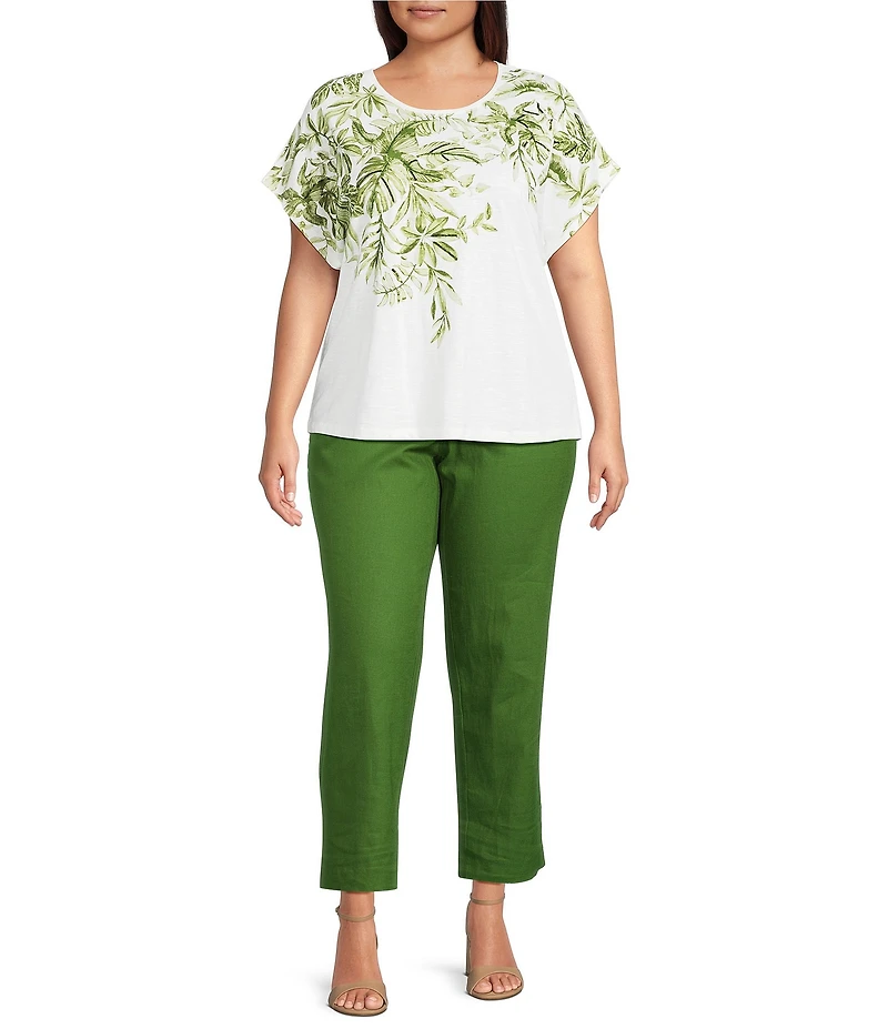 Investments Plus Size Wispy Leaf Short Sleeve Embellished Novelty Crew Neck Top