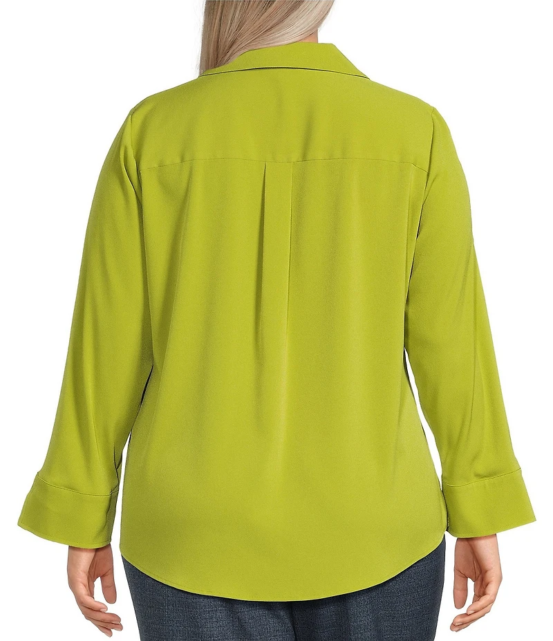 Investments Plus Size Woven 3/4 Sleeve Point Collar Button Front Split Cuff Top