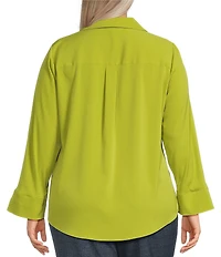 Investments Plus Size Woven 3/4 Sleeve Point Collar Button Front Split Cuff Top