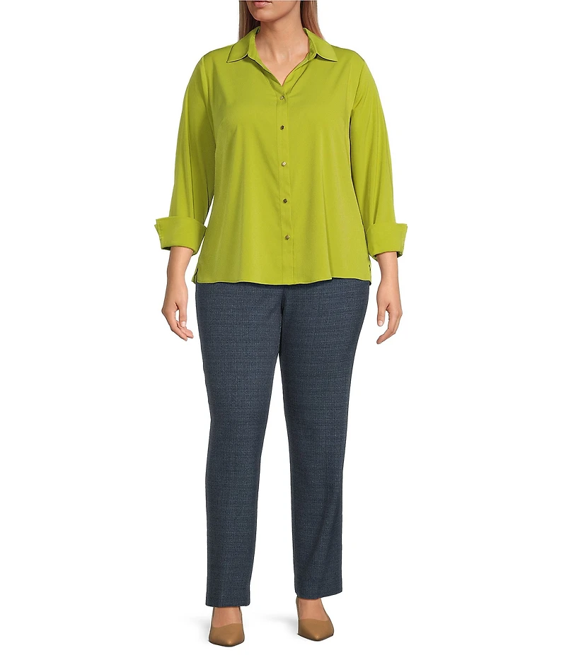 Investments Plus Size Woven 3/4 Sleeve Point Collar Button Front Split Cuff Top