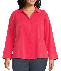 Investments Plus Size Woven 3/4 Sleeve Point Collar Button Front Split Cuff Top