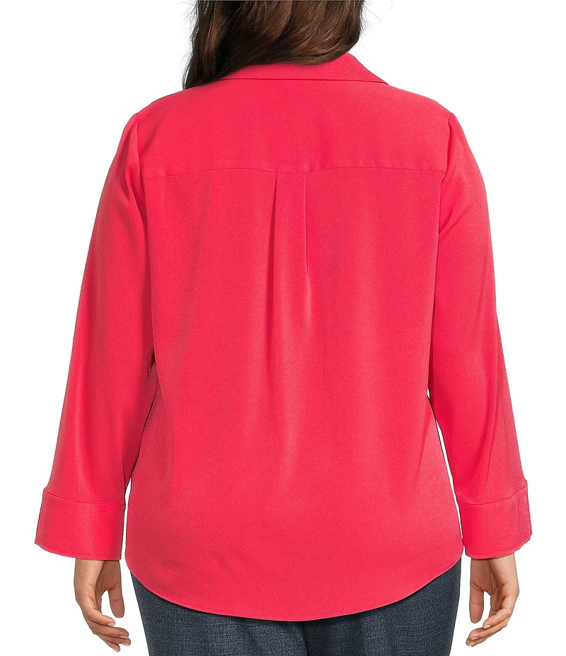 Investments Plus Size Woven 3/4 Sleeve Point Collar Button Front Split Cuff Top