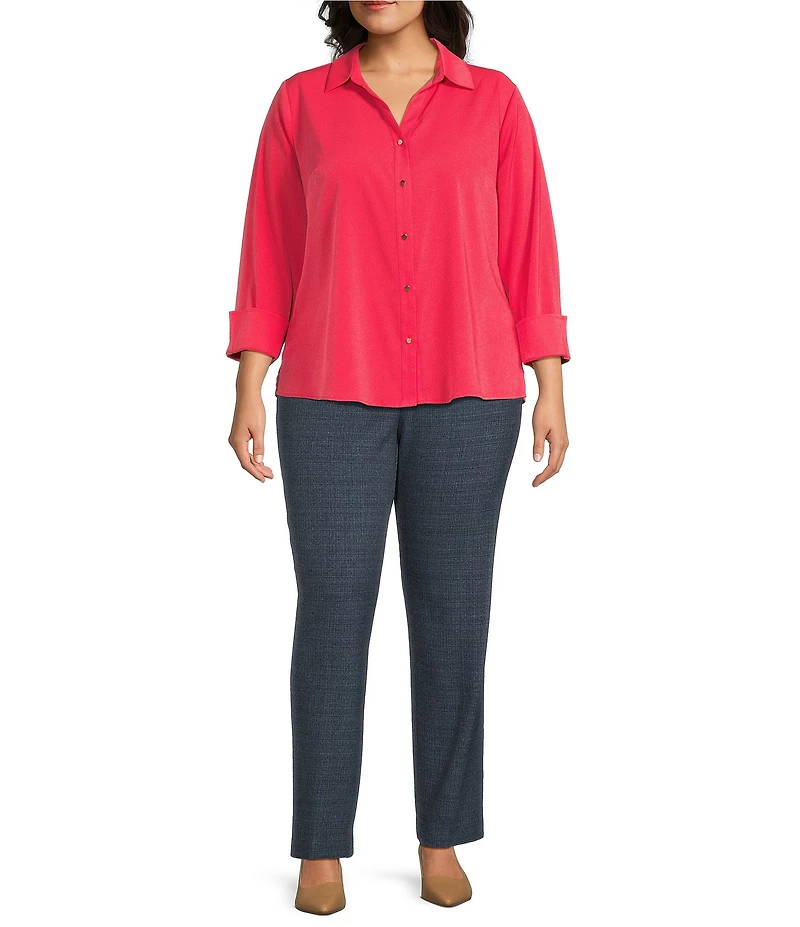 Investments Plus Size Woven 3/4 Sleeve Point Collar Button Front Split Cuff Top