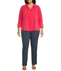 Investments Plus Size Woven 3/4 Sleeve Point Collar Button Front Split Cuff Top