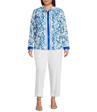 Investments Plus Size Woven Blue Lolite Status Border Long Sleeve Point Collar Button Front Top