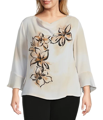 Investments Plus Size Woven Floral Graffiti 3/4 Ruffle Sleeve Cowl Neck Top