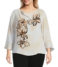 Investments Plus Size Woven Floral Graffiti 3/4 Ruffle Sleeve Cowl Neck Top