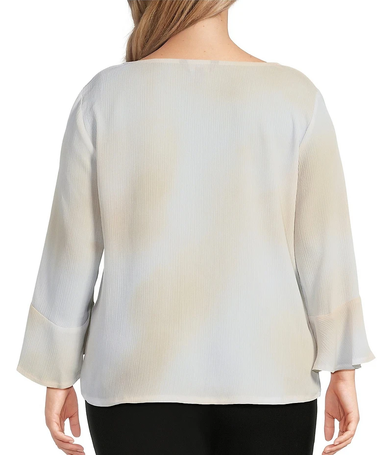 Investments Plus Size Woven Floral Graffiti 3/4 Ruffle Sleeve Cowl Neck Top
