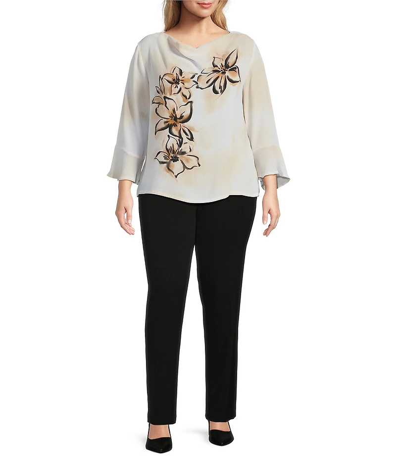 Investments Plus Size Woven Floral Graffiti 3/4 Ruffle Sleeve Cowl Neck Top