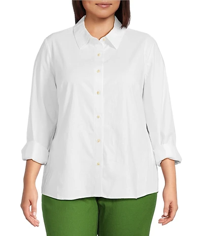Investments Plus Size Woven Long Sleeve Point Collar Button Front Top