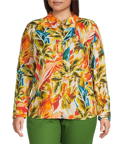 Investments Plus Size Woven Palm Beach Multi Long Sleeve Point Collar Button Front Top