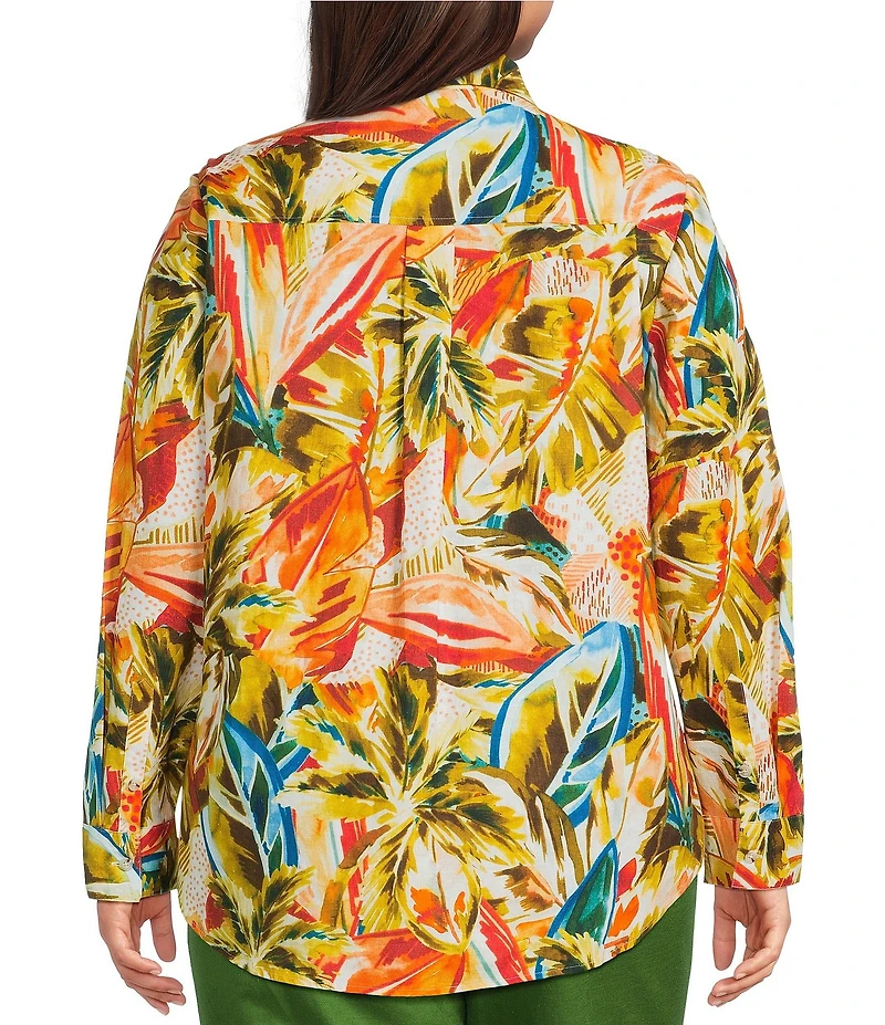 Investments Plus Size Woven Palm Beach Multi Long Sleeve Point Collar Button Front Top