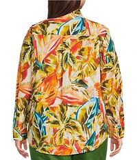 Investments Plus Size Woven Palm Beach Multi Long Sleeve Point Collar Button Front Top