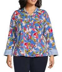 Investments Plus Size Woven Whimsy Floral Stripe 3/4 Sleeve Point Collar Button Front Split Cuff Top