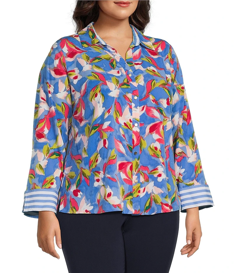 Investments Plus Size Woven Whimsy Floral Stripe 3/4 Sleeve Point Collar Button Front Split Cuff Top