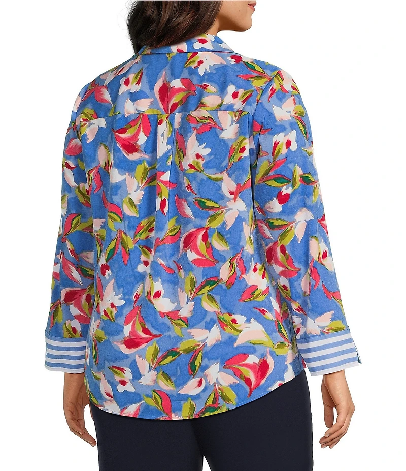 Investments Plus Size Woven Whimsy Floral Stripe 3/4 Sleeve Point Collar Button Front Split Cuff Top