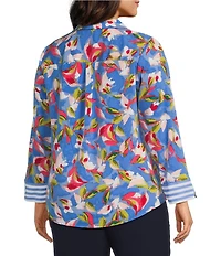 Investments Plus Size Woven Whimsy Floral Stripe 3/4 Sleeve Point Collar Button Front Split Cuff Top