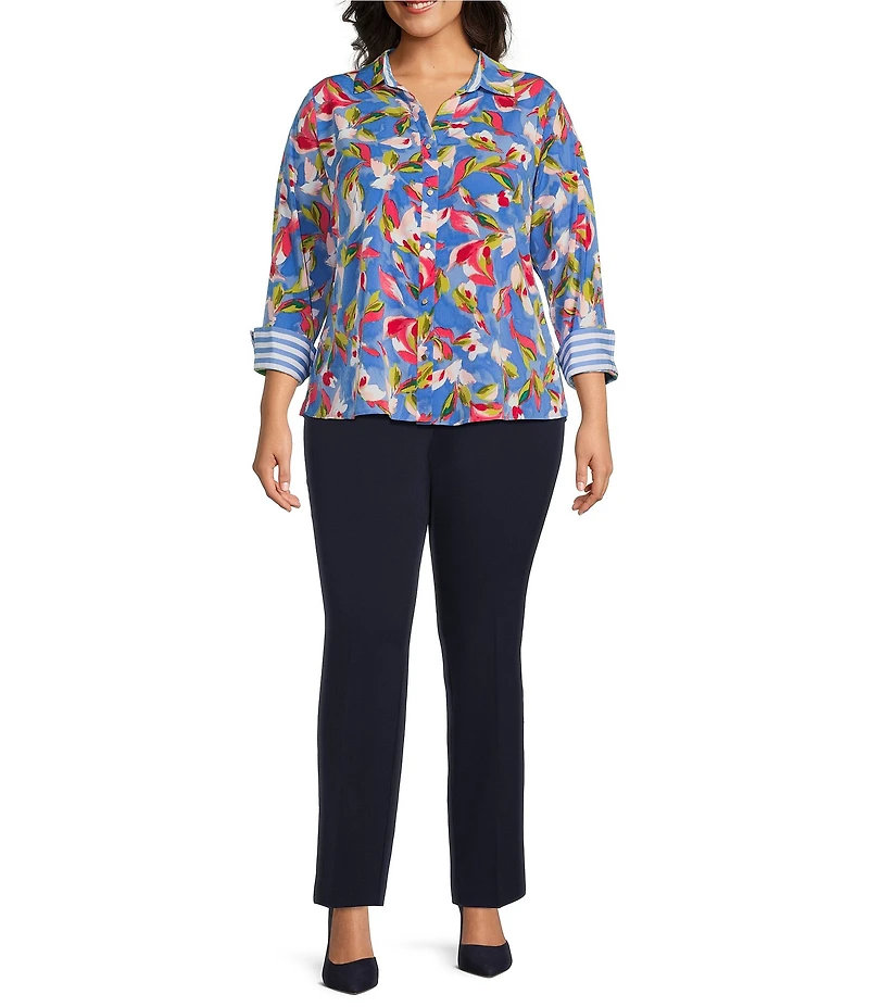 Investments Plus Size Woven Whimsy Floral Stripe 3/4 Sleeve Point Collar Button Front Split Cuff Top