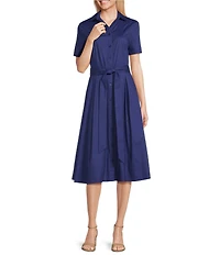 Investments Poplin Short Sleeve Button Front Tie Belt Midi Dress