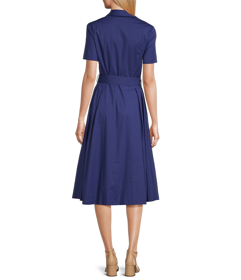 Investments Poplin Short Sleeve Button Front Tie Belt Midi Dress