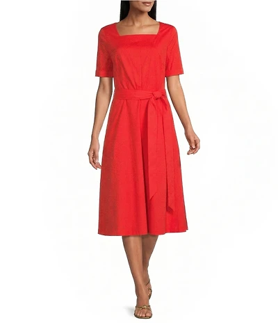 Investments Poplin Short Sleeve Square Neck Tie Belt Midi Dress