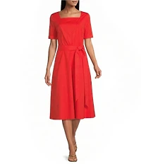 Investments Poplin Short Sleeve Square Neck Tie Belt Midi Dress