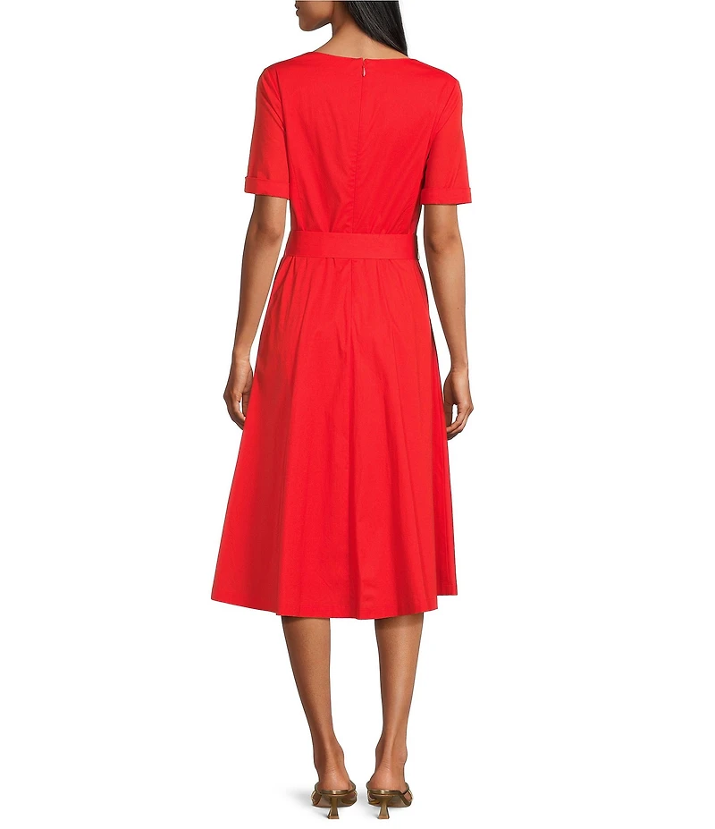 Investments Poplin Short Sleeve Square Neck Tie Belt Midi Dress
