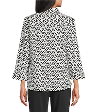 Investments Rachel Black/White Geo Print 3/4 Sleeve Point Collar Button Front Shirt