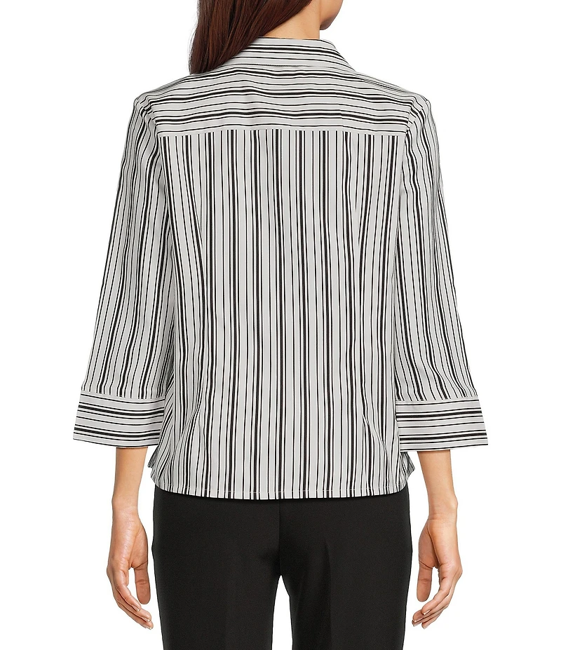 Investments Rachel Black/White Stripe Print 3/4 Sleeve Point Collar Button Front Shirt