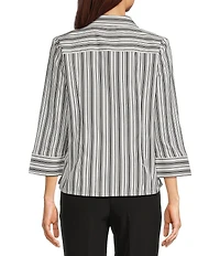 Investments Rachel Black/White Stripe Print 3/4 Sleeve Point Collar Button Front Shirt